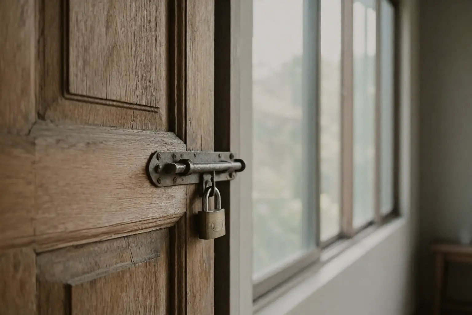 A close view of an old wooden door of a rural Thai house with a steel hasp and a padlock, paint weathered with age