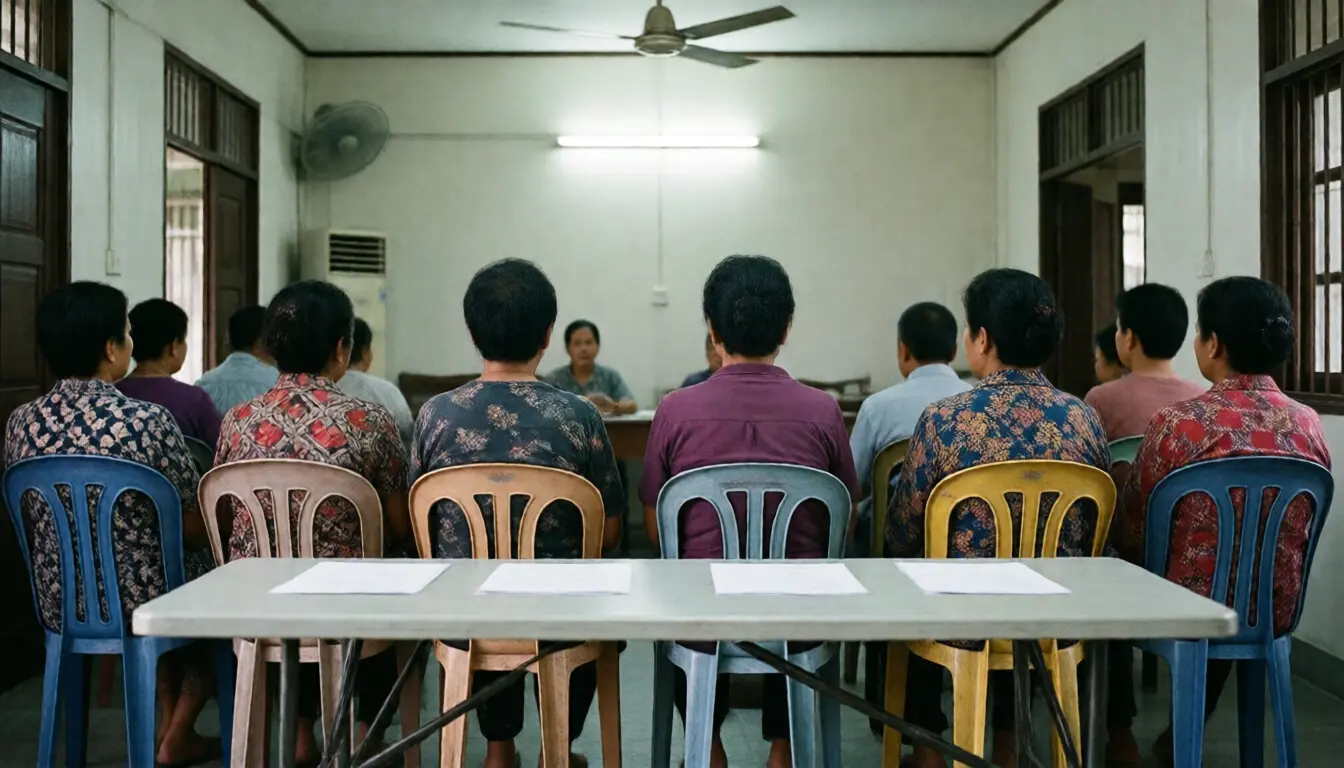 Estate residents at a meeting in the project clubhouse