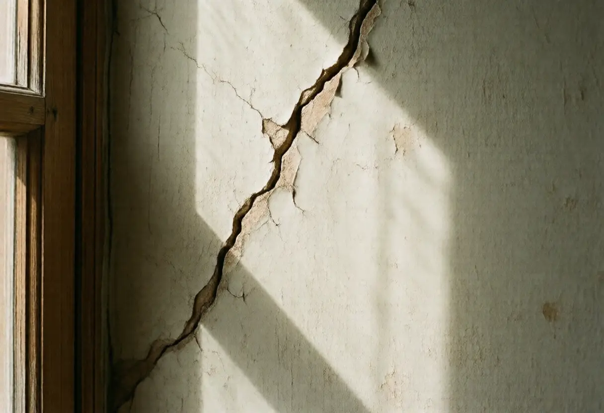 A diagonal crack in an interior plaster wall running up from a door frame