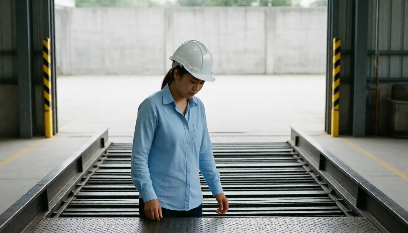 A young Thai woman in a hard hat inspecting the dock leveller plate at a warehouse loading bay