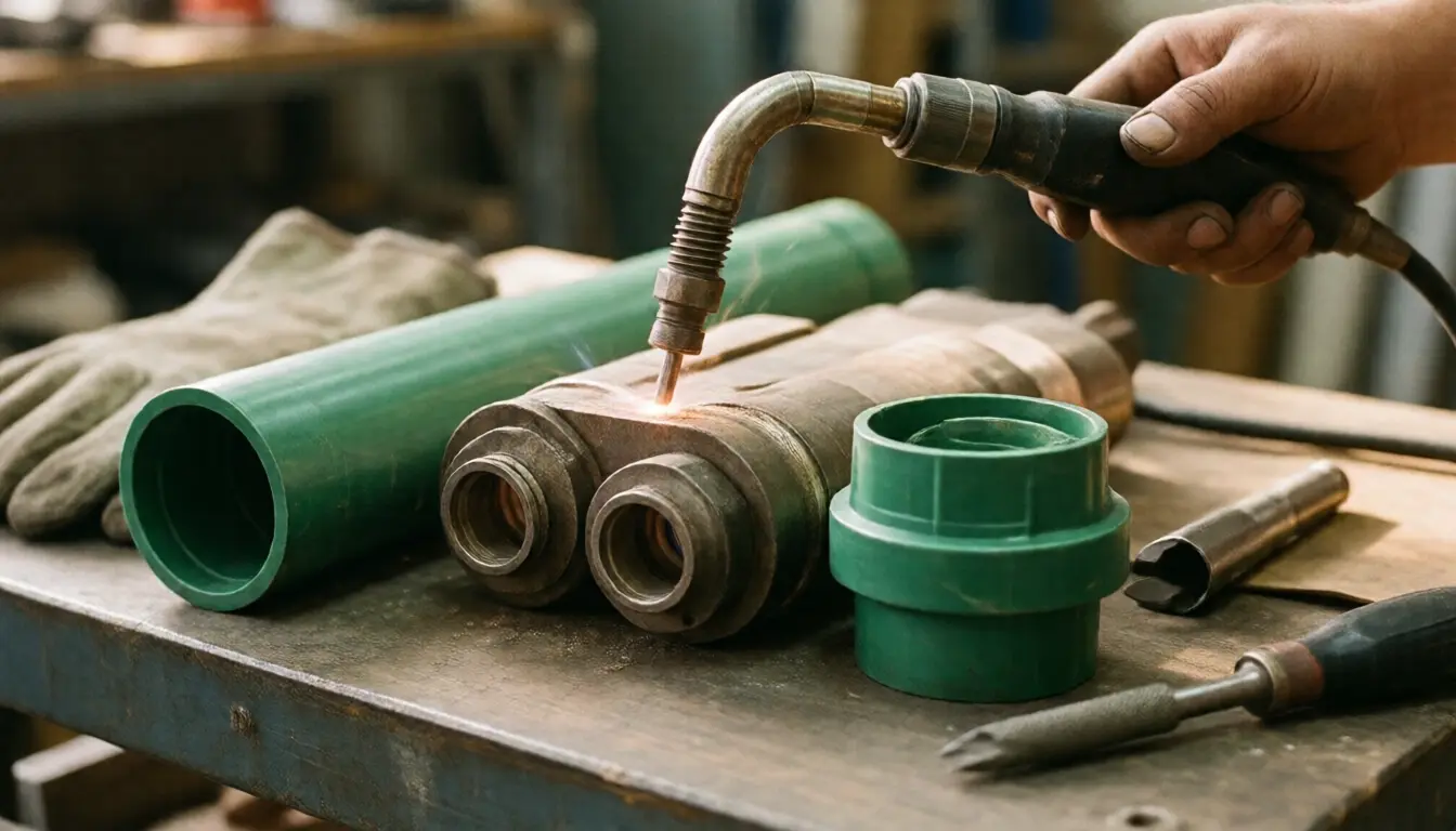 A heat fusion tool with green PPR pipe and a coupling on a workbench