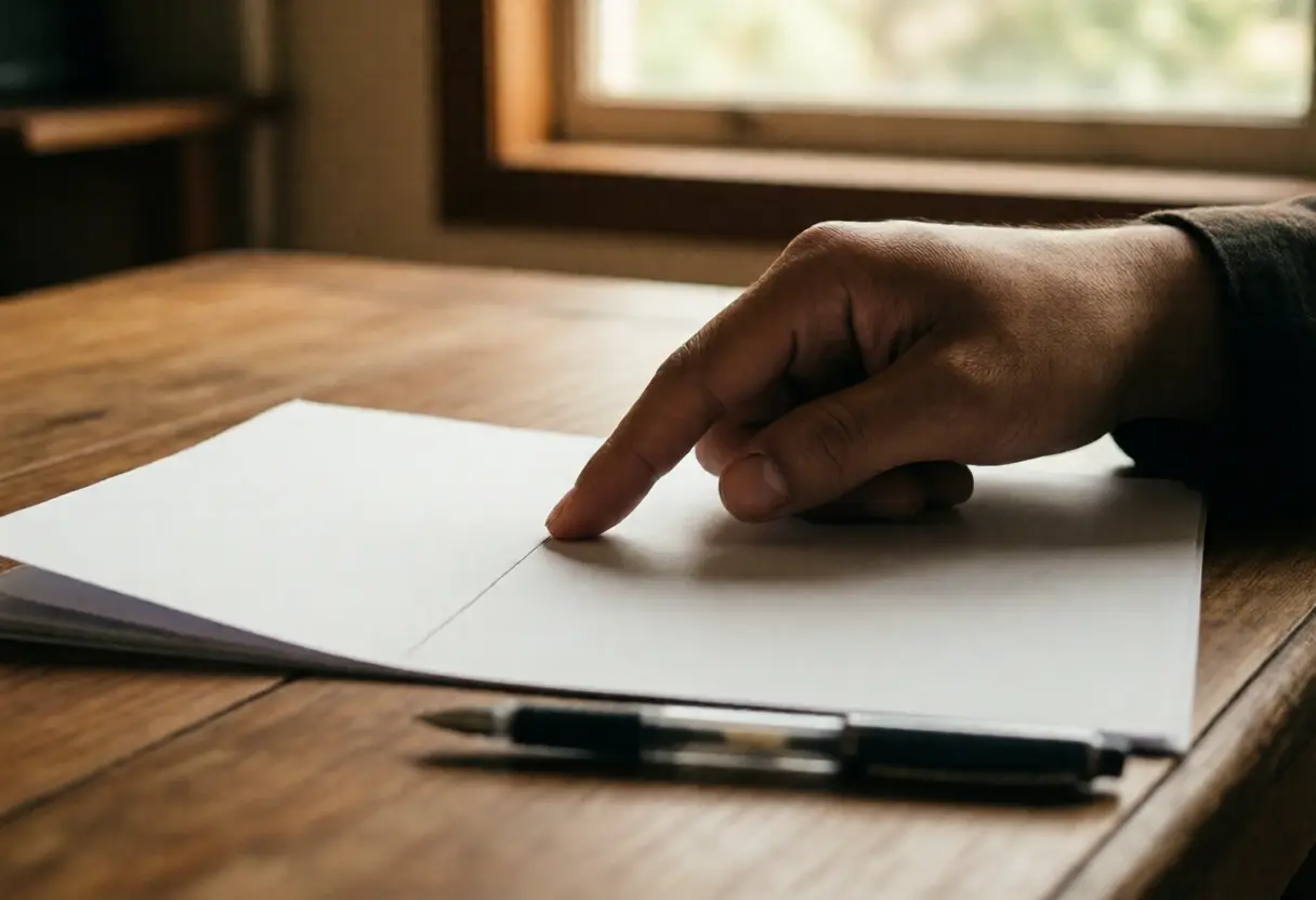 A hand pointing at a line on a sheet of paper on a wooden table