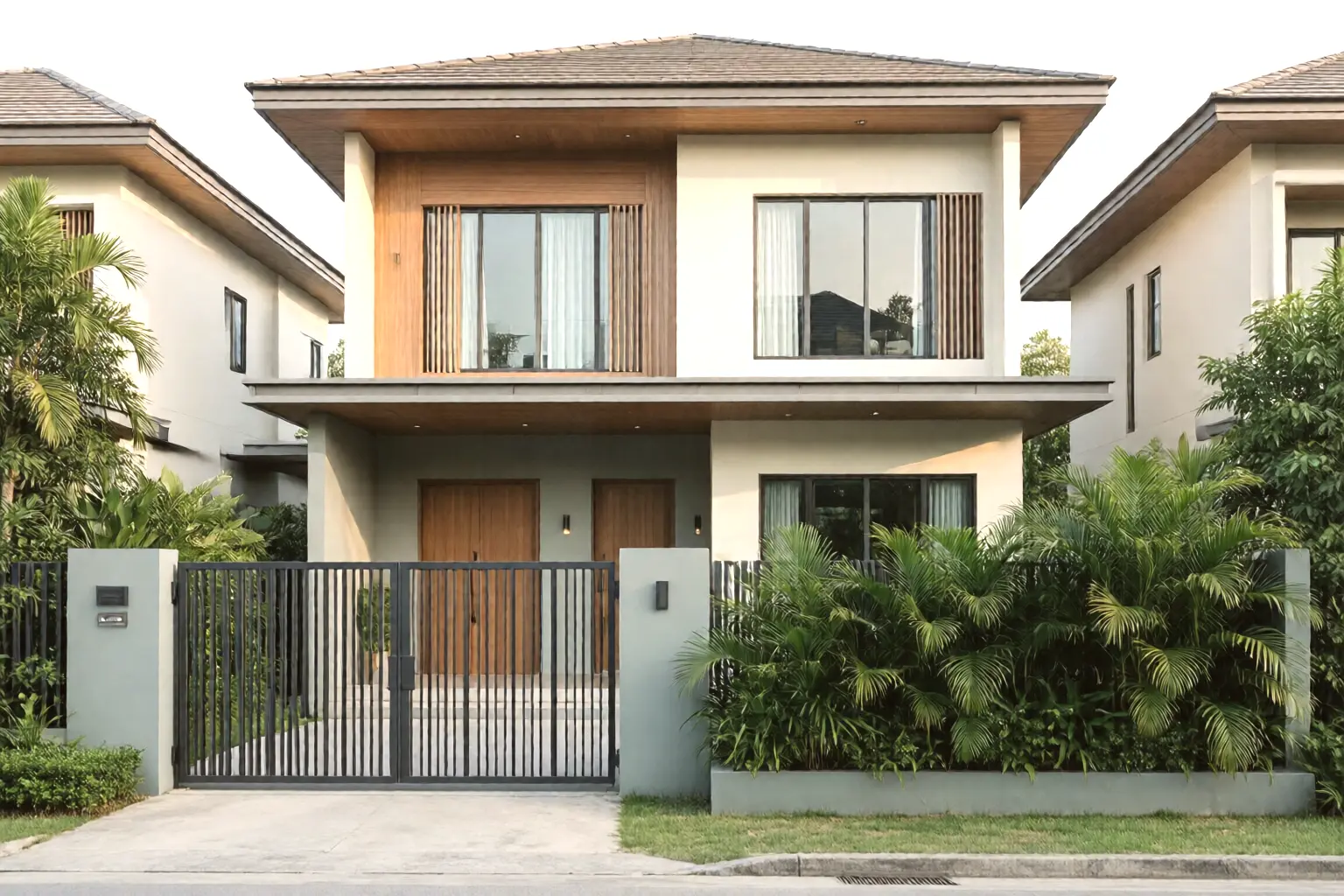 บ้านสองชั้นสไตล์โมเดิร์นในไทยมองจากถนนตอนเช้า ผนังฉาบสีอ่อน ประตูรั้วเหล็กสีเข้ม และพุ่มไม้เขตร้อนตามแนวรั้ว