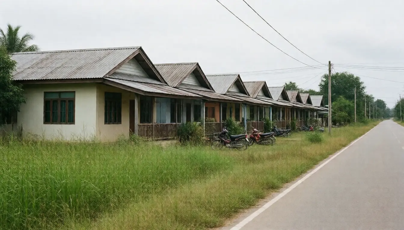 แถวบ้านชั้นเดียวเรียงอยู่หลังไหล่ทางกว้างริมถนนชนบท