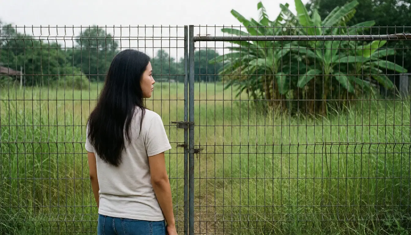 A woman standing outside a locked wire gate looking into an empty overgrown plot