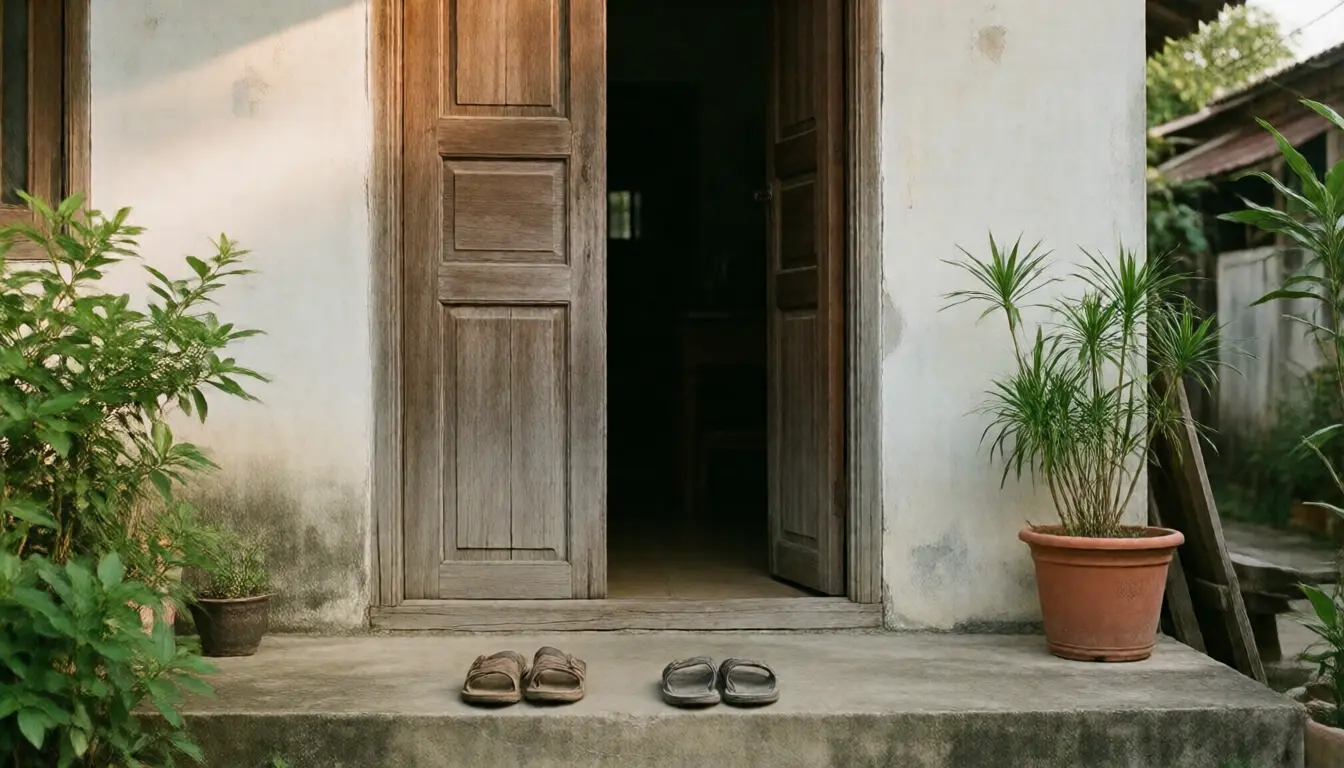 The wooden front door of an older Thai house standing ajar, two pairs of sandals placed neatly on the concrete step