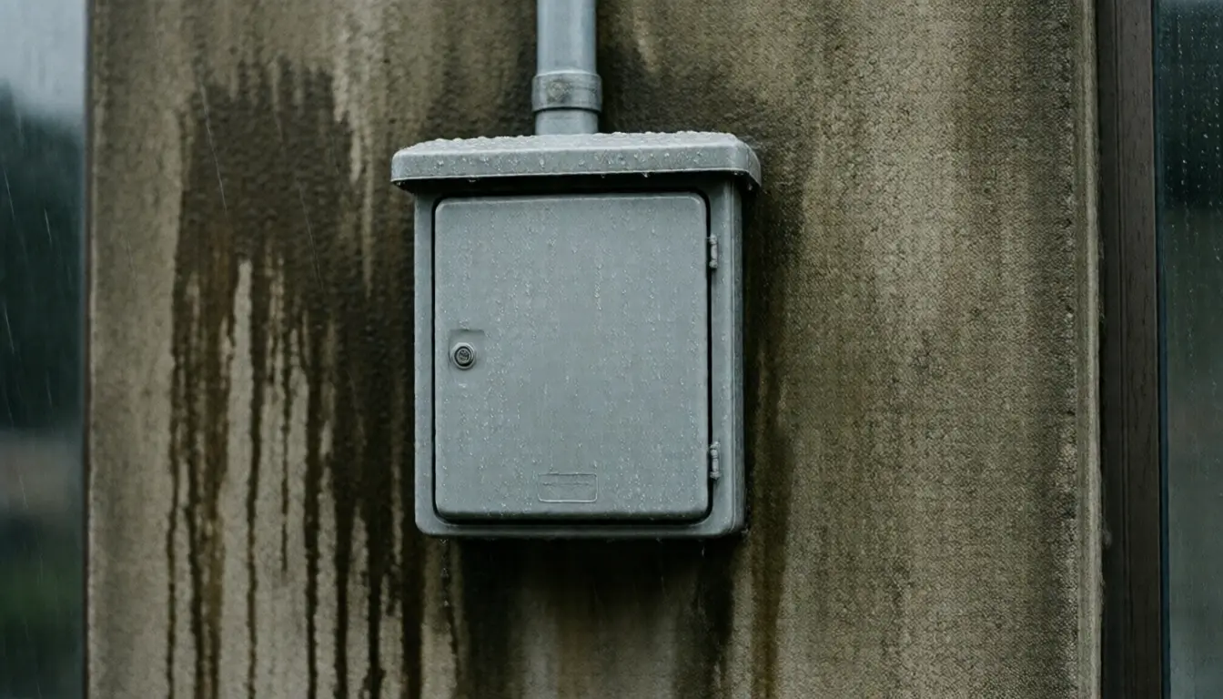 A rain soaked outdoor junction box on a concrete wall with water beading on it and streaks running down