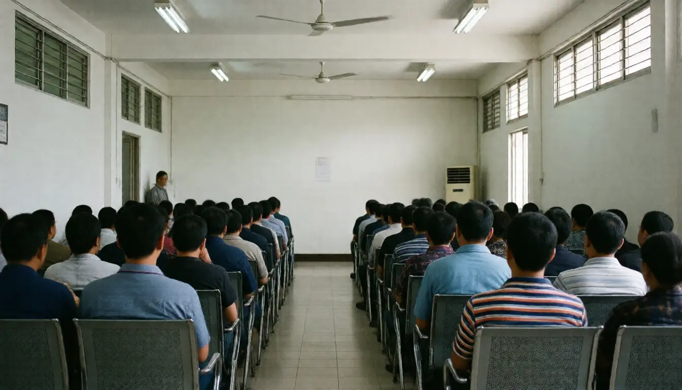 People waiting in the hall of a Thai government office