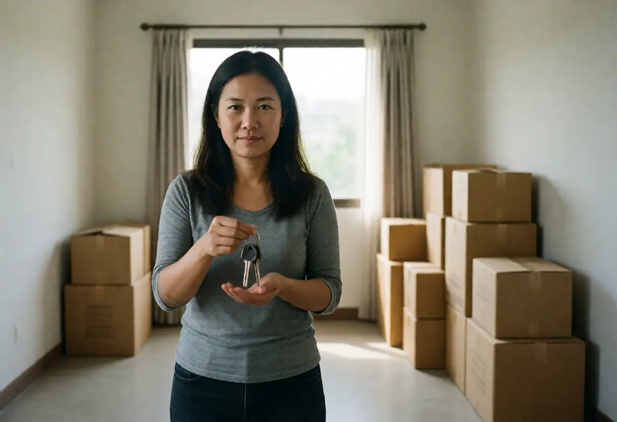 A woman holding keys standing in the middle of an empty rental room with boxes by the wall