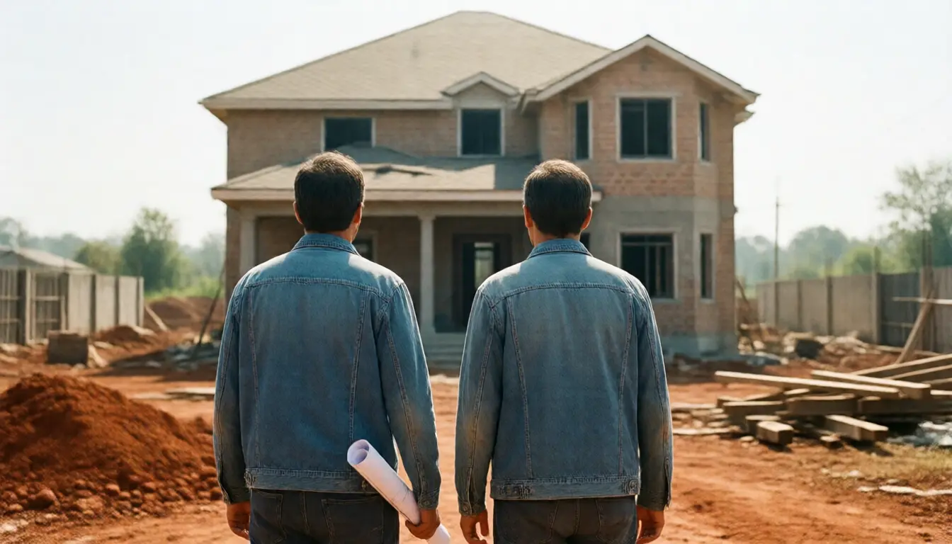 Two people seen from behind on a construction site looking up at a partly built house, one holding a rolled drawing