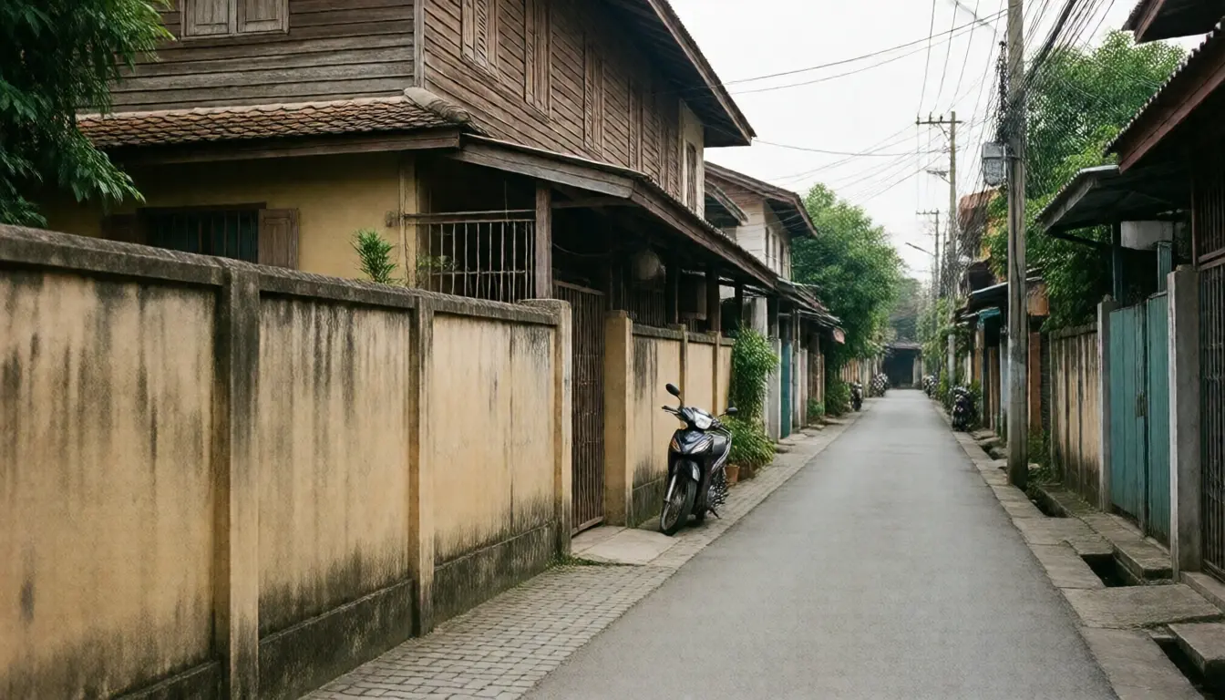 An old two storey wooden house standing tight against a narrow lane with a concrete wall and a parked motorcycle
