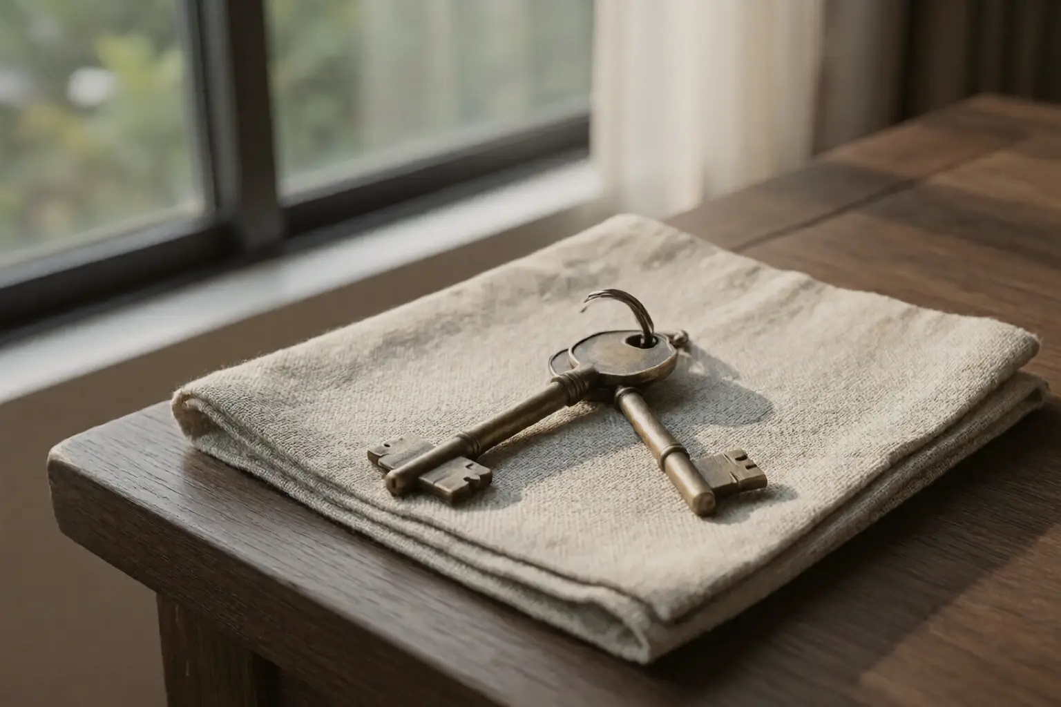 A single worn brass house key resting on a folded linen cloth on a dark wooden surface, lit from the side by a window