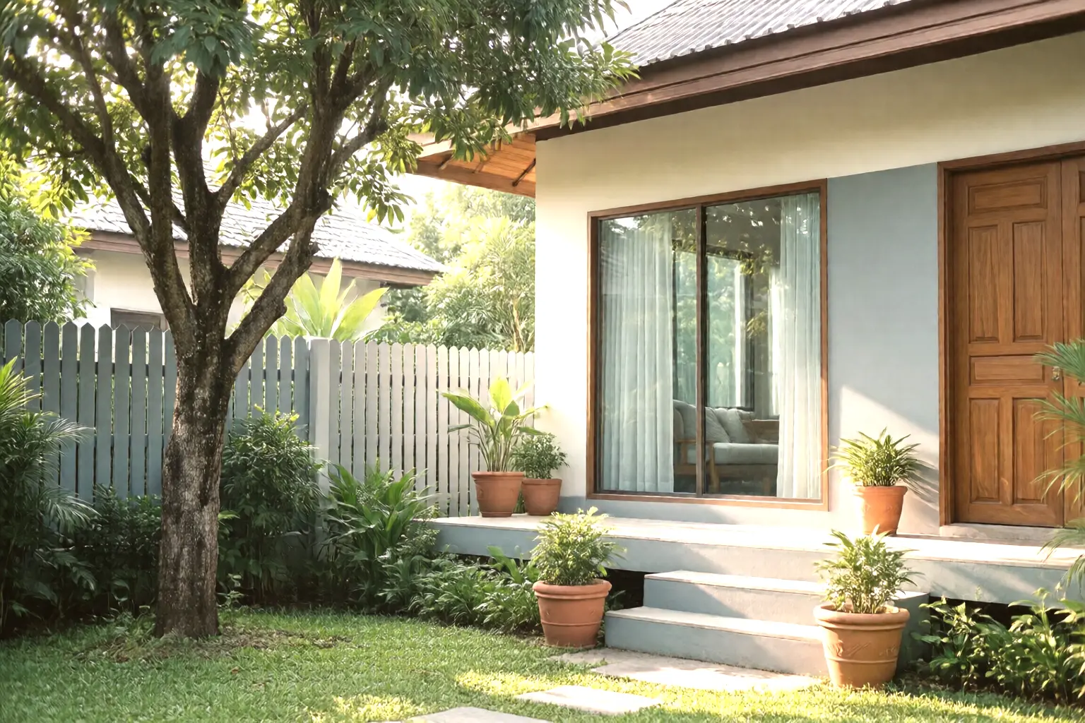 An older Thai family house in the morning with a mature tree shading the garden, a painted fence and terracotta pots by the steps