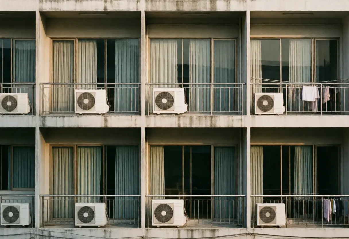 A Thai condominium building in the afternoon with many units curtained and showing no sign of occupation