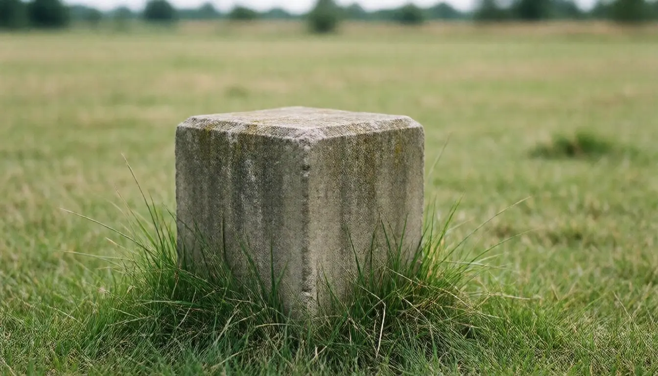 A concrete boundary marker post standing in rough grass at the edge of a field