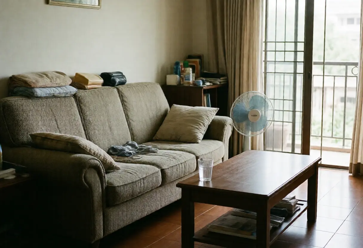 ห้องนั่งเล่นในบ้านเช่าที่มีของใช้ประจำวันและโซฟา แสดงว่ามีคนอยู่อาศัยจริง
