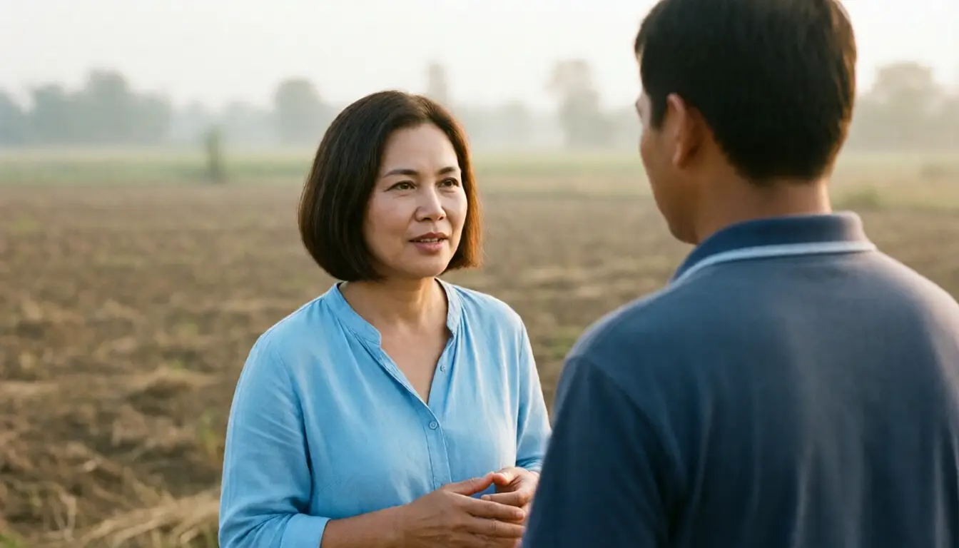 A landowner talking with an interested buyer at the edge of a plot