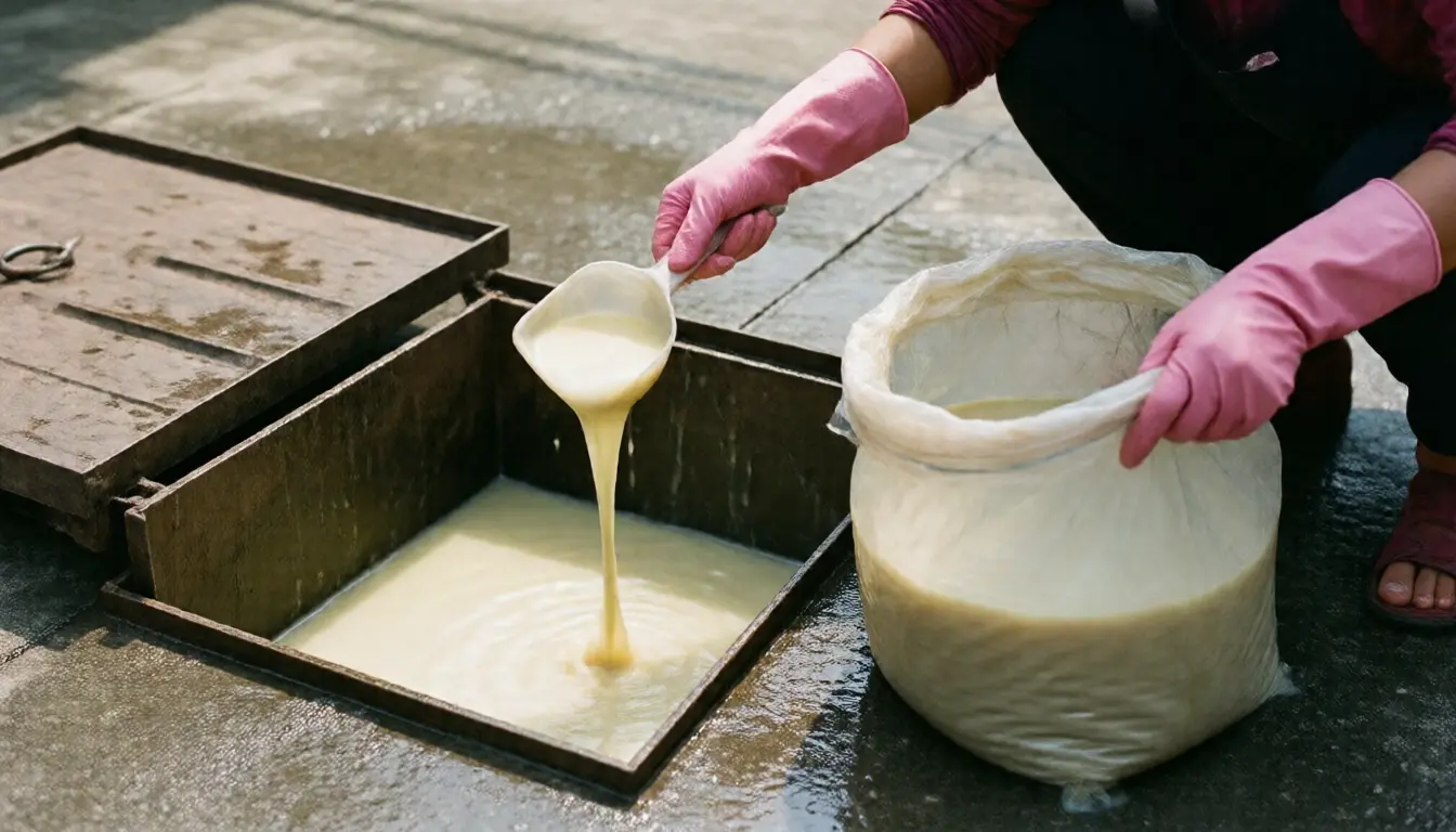 Gloved hands scooping the grease layer out of an outdoor trap into a bin bag