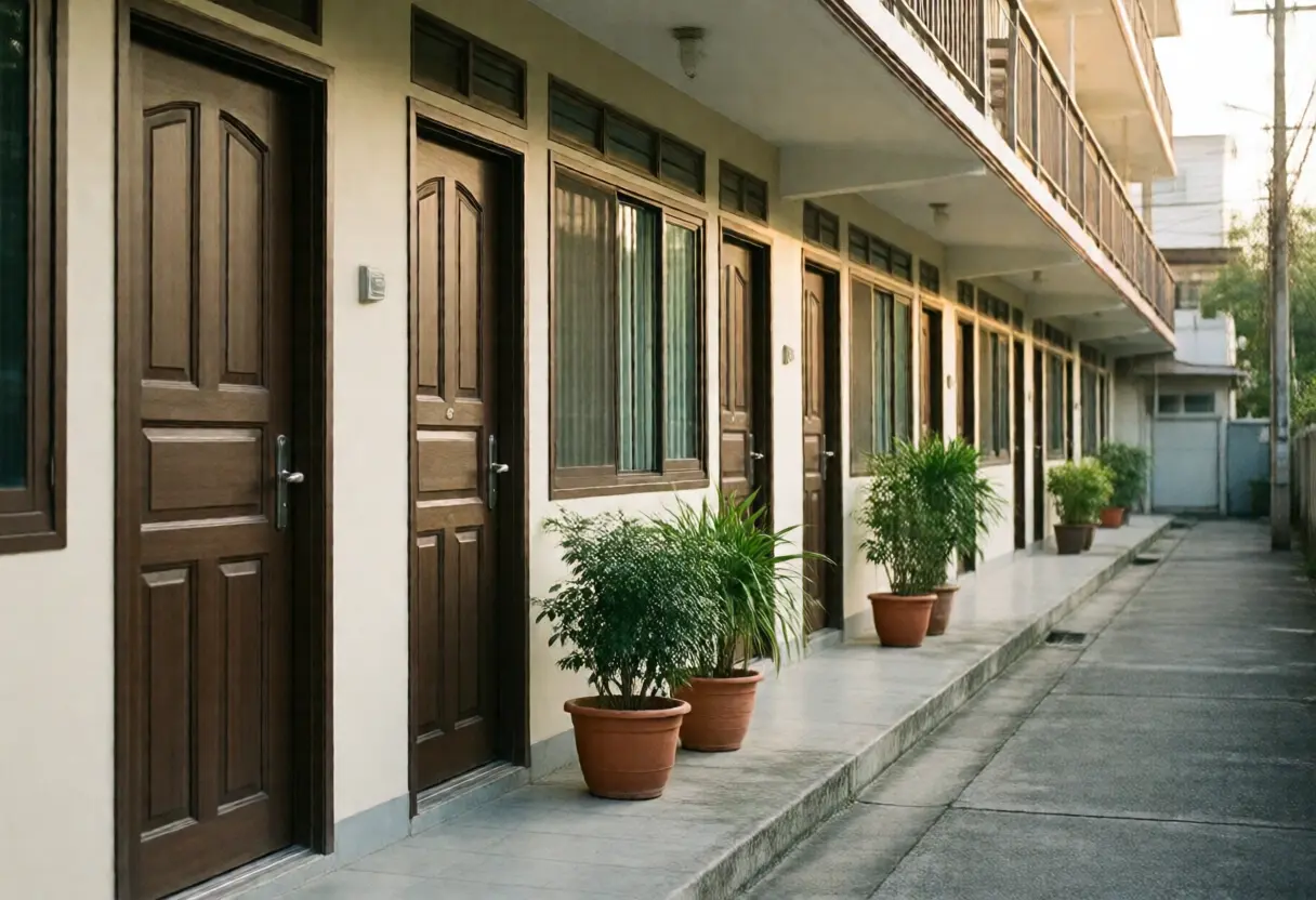 A row of identical rental doors along the outside walkway of a small rental building in the morning