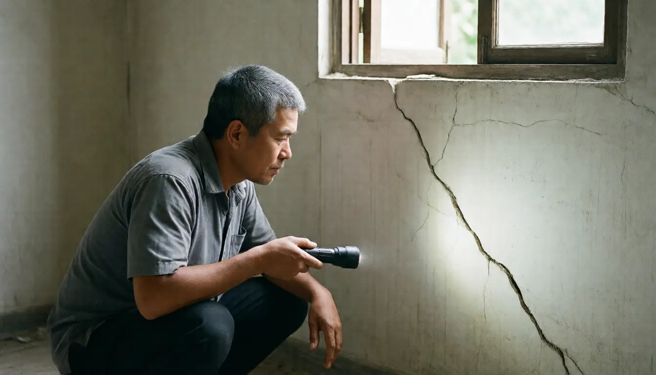 A man shining a torch on a diagonal crack in the wall of an empty house