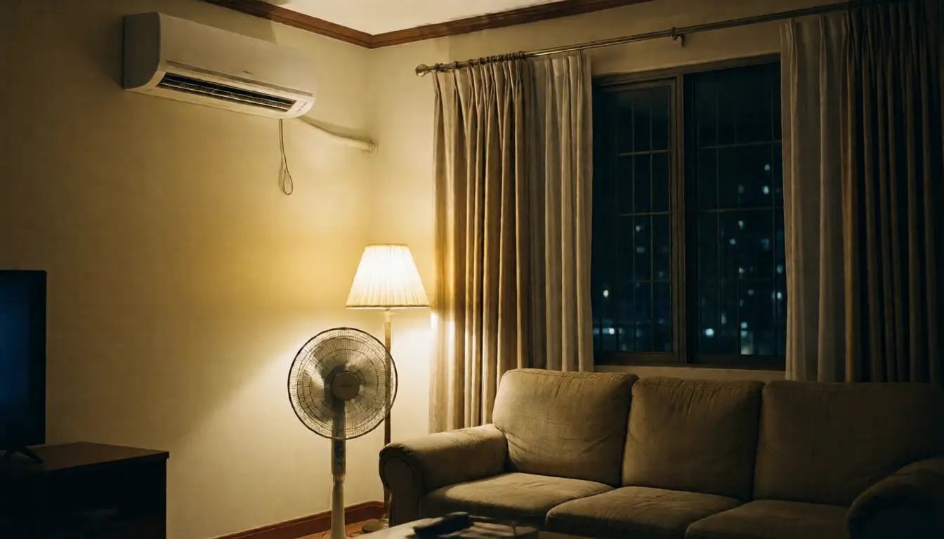 A living room at night with a wall air conditioner, a floor fan and warm lamplight