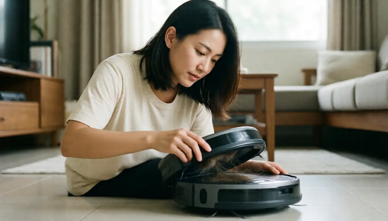 女子打开扫地机器人清理滚刷上的头发