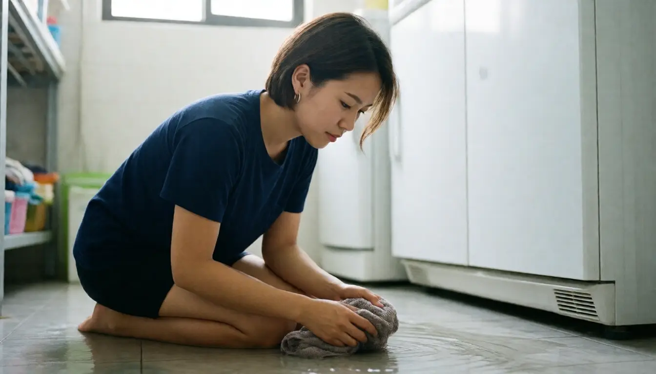 泰国女子在洗衣机旁擦拭地上的积水