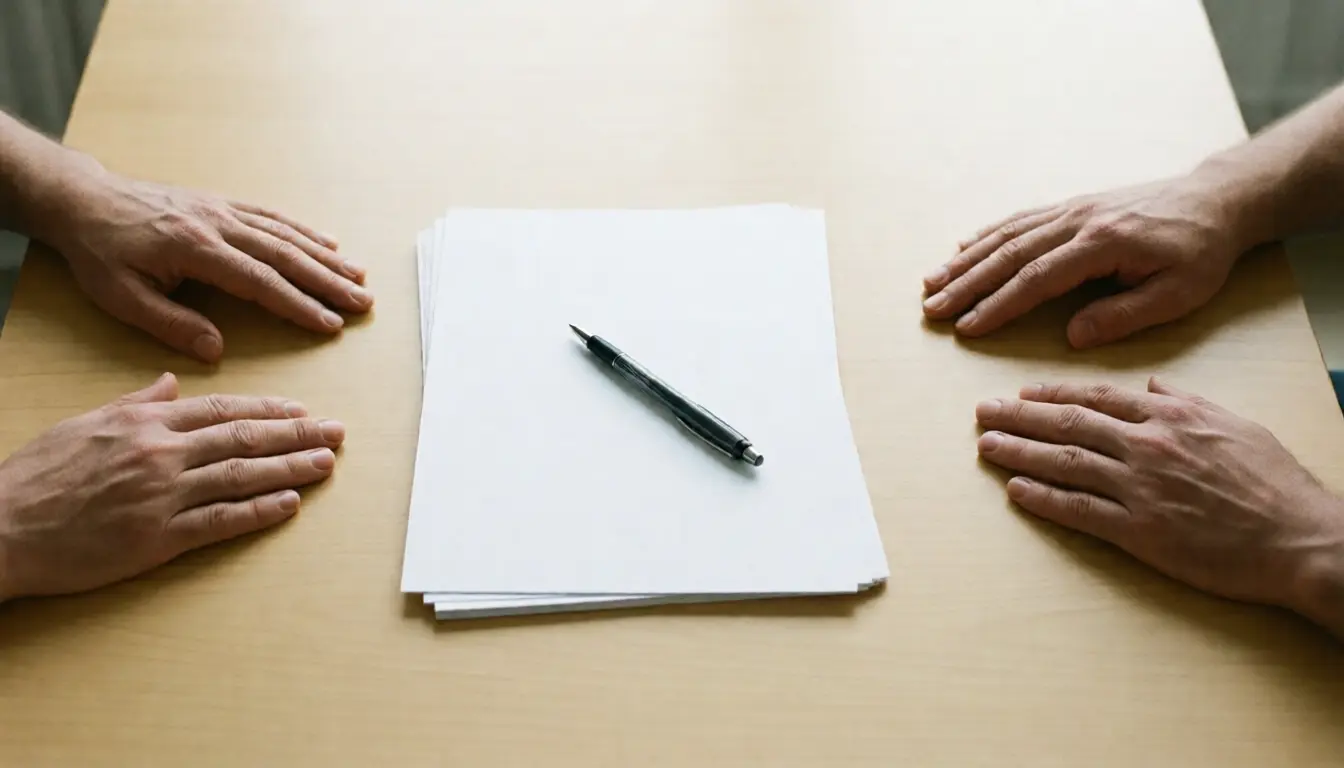 Blank documents on a table between two people reaching an agreement