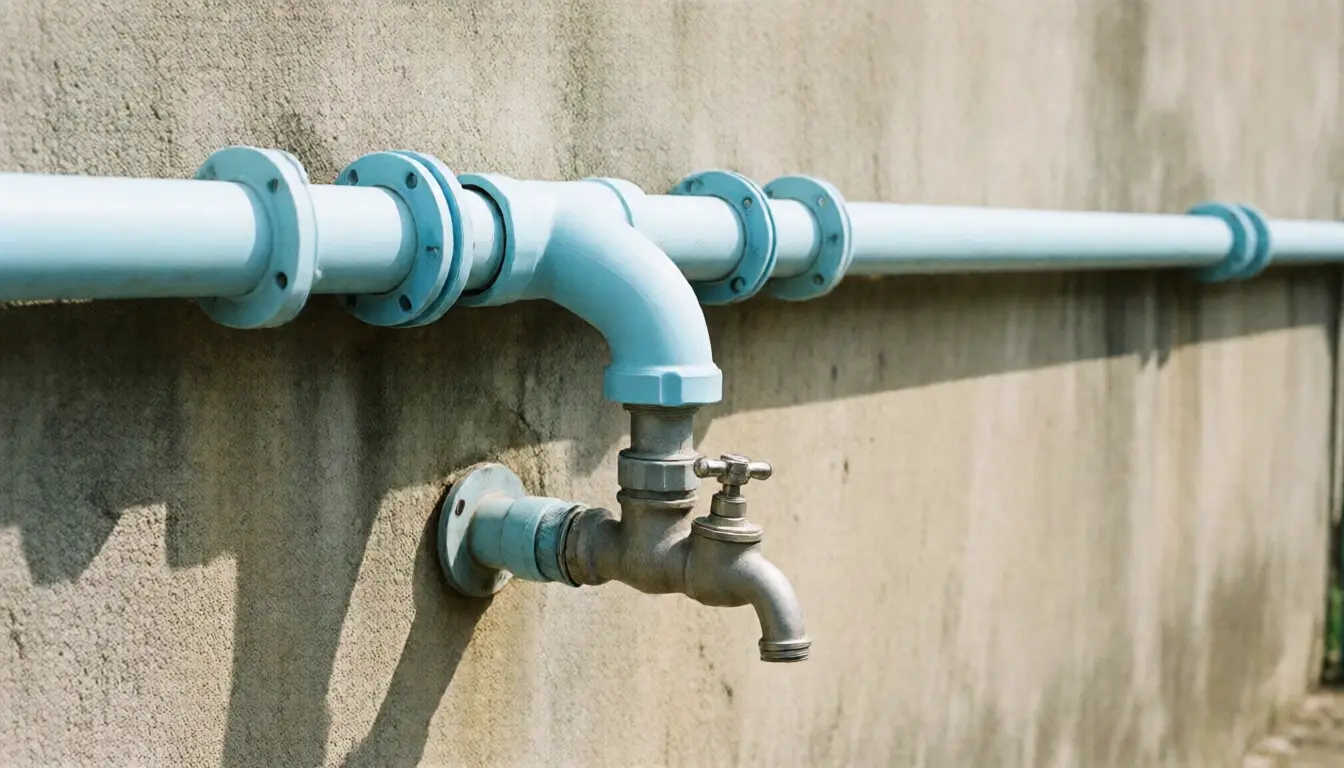 Blue PVC pipe running along a concrete wall on regularly spaced clips, with an elbow down to a tap