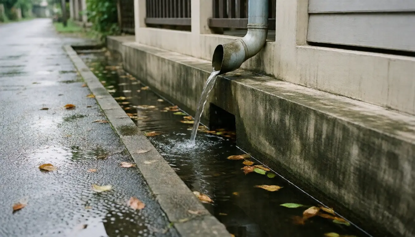 A concrete drainage channel beside a house with standing water and fallen leaves, a downpipe discharging into it