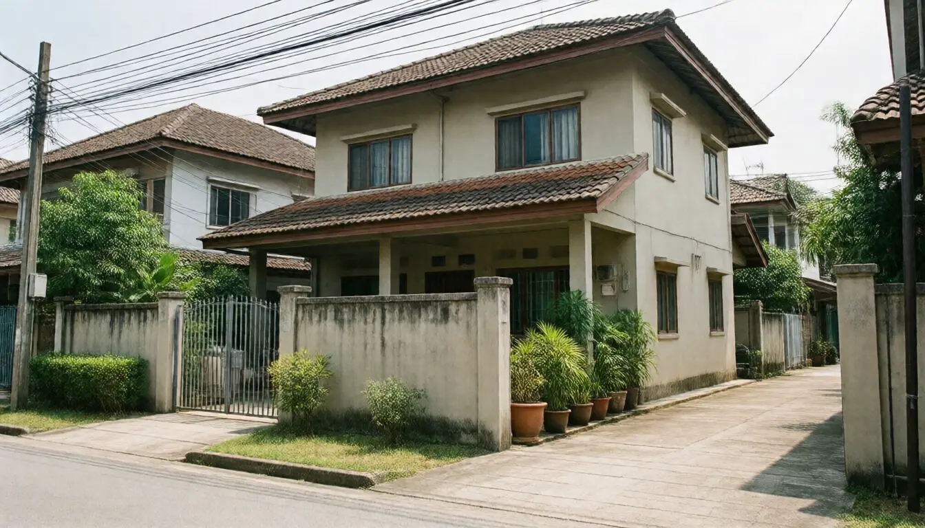A two-storey house in a residential street seen from the road