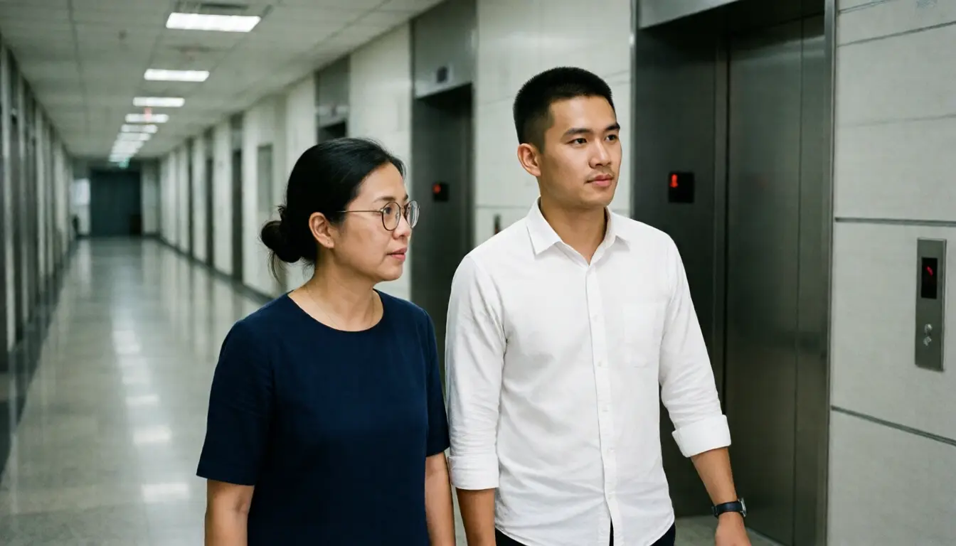 Two Thai colleagues walking through an office corridor beside the lift lobby