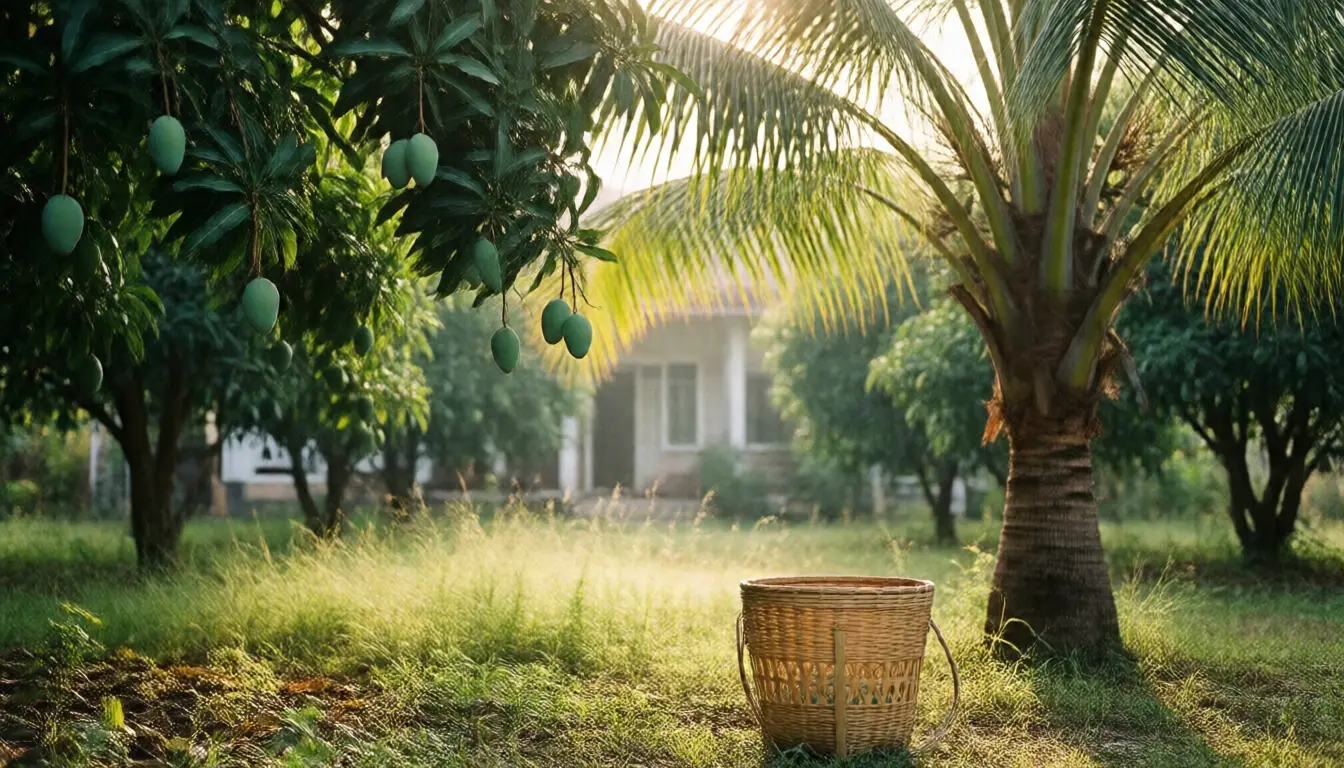 A back garden orchard with fruiting mango trees and a coconut palm, a woven basket resting on the grass