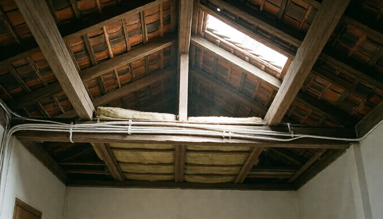 The timber roof structure of an older house with new conduit clipped neatly along a beam