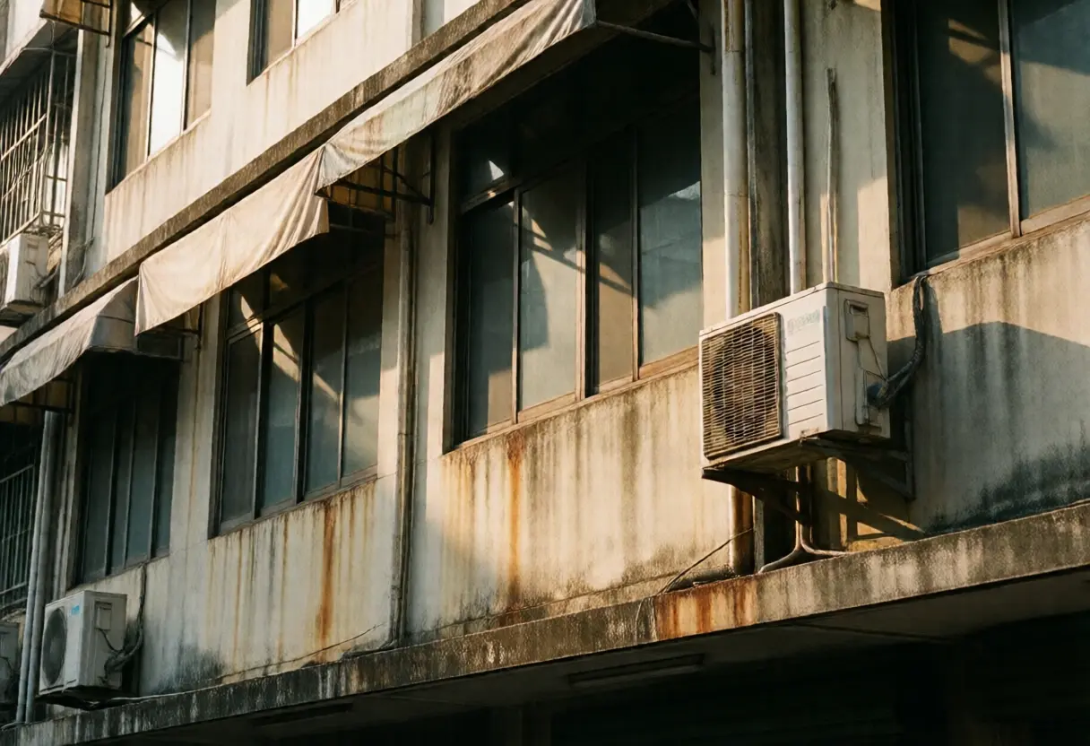 A Thai residential building with staining on the walls and sun-faded awnings