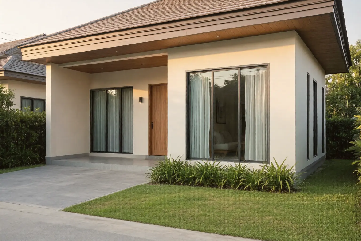 A modern Thai detached house at golden hour with a paved driveway and a small lawn in front