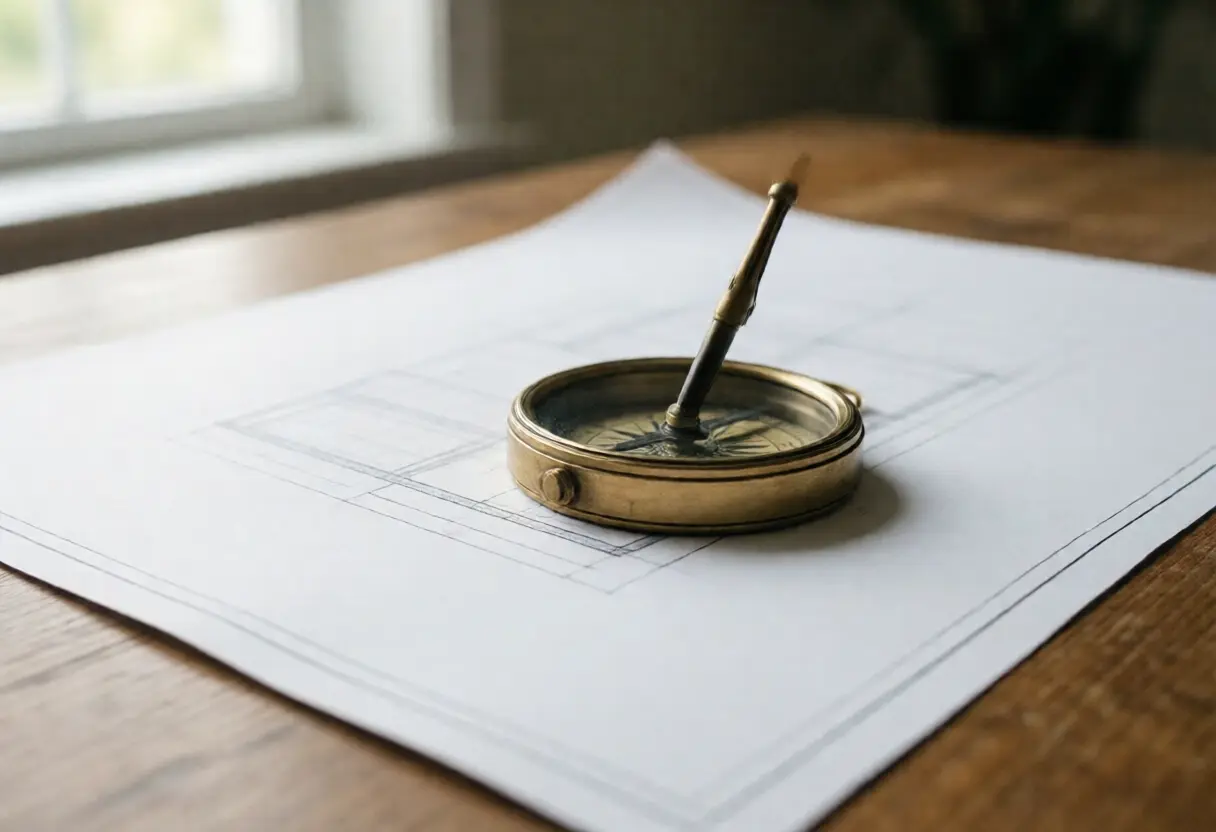 A brass compass resting on a house floor plan on a wooden table beside a window