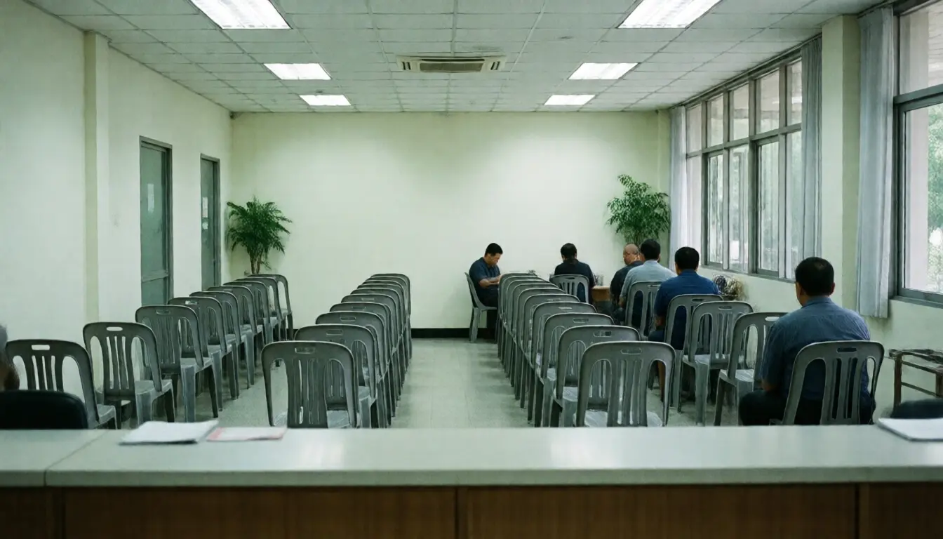 ห้องโถงรอรับบริการของสำนักงานราชการ มีเก้าอี้พลาสติกเรียงเป็นแถวและคนนั่งรออยู่ไกล ๆ
