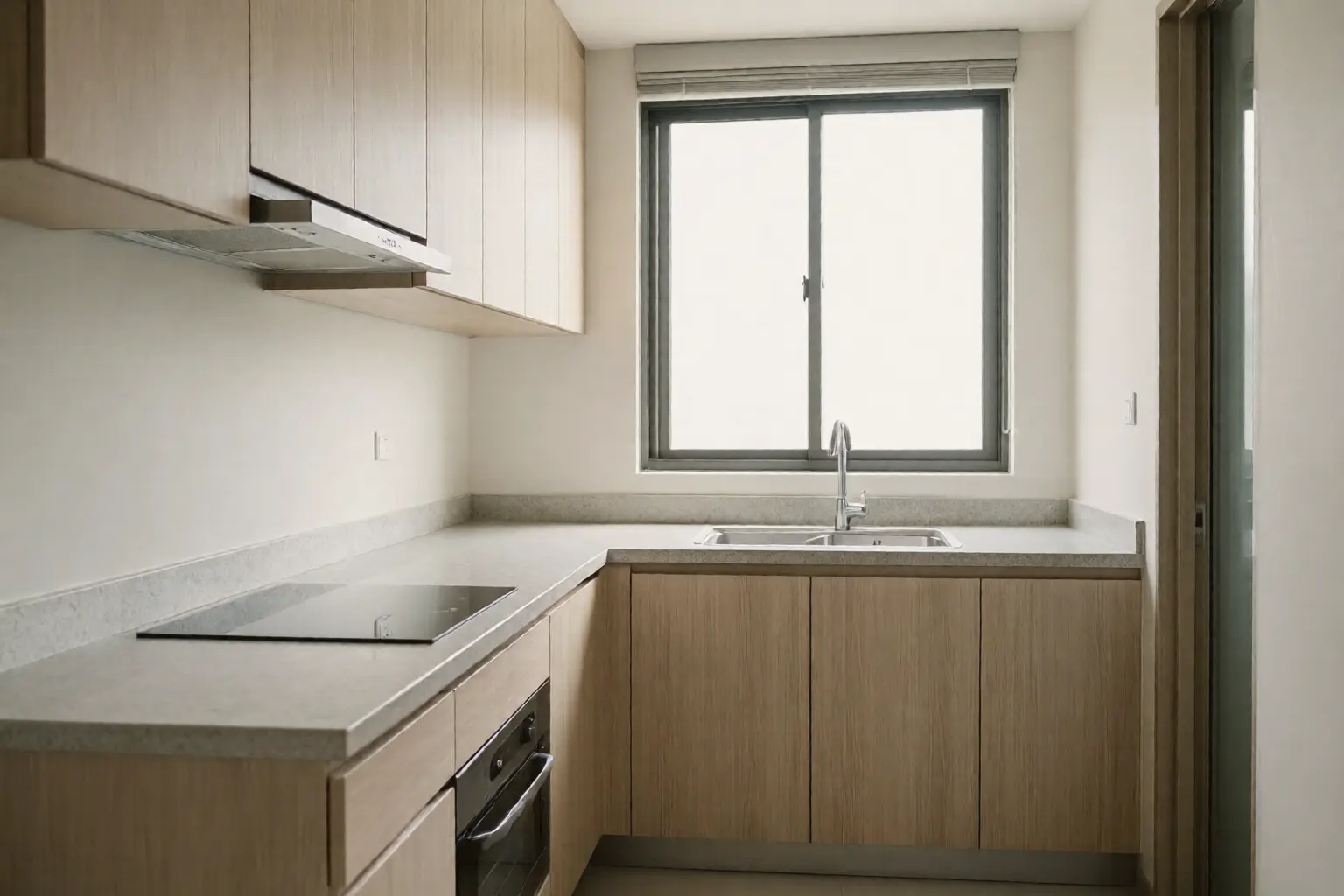 A tidy empty condominium kitchen with pale wood cabinets, a clean stone worktop and daylight from the window above the sink