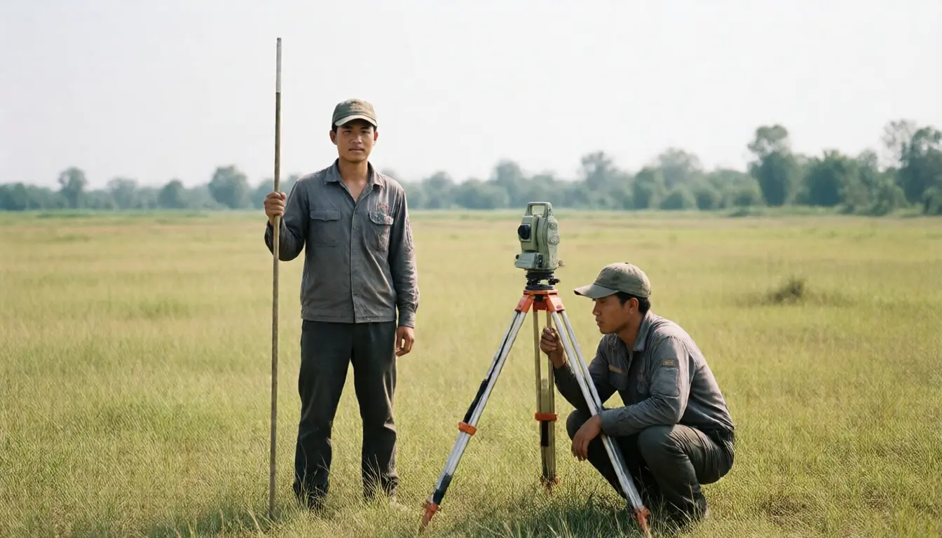 Two surveyors working in an open field, one holding a staff and the other beside a tripod