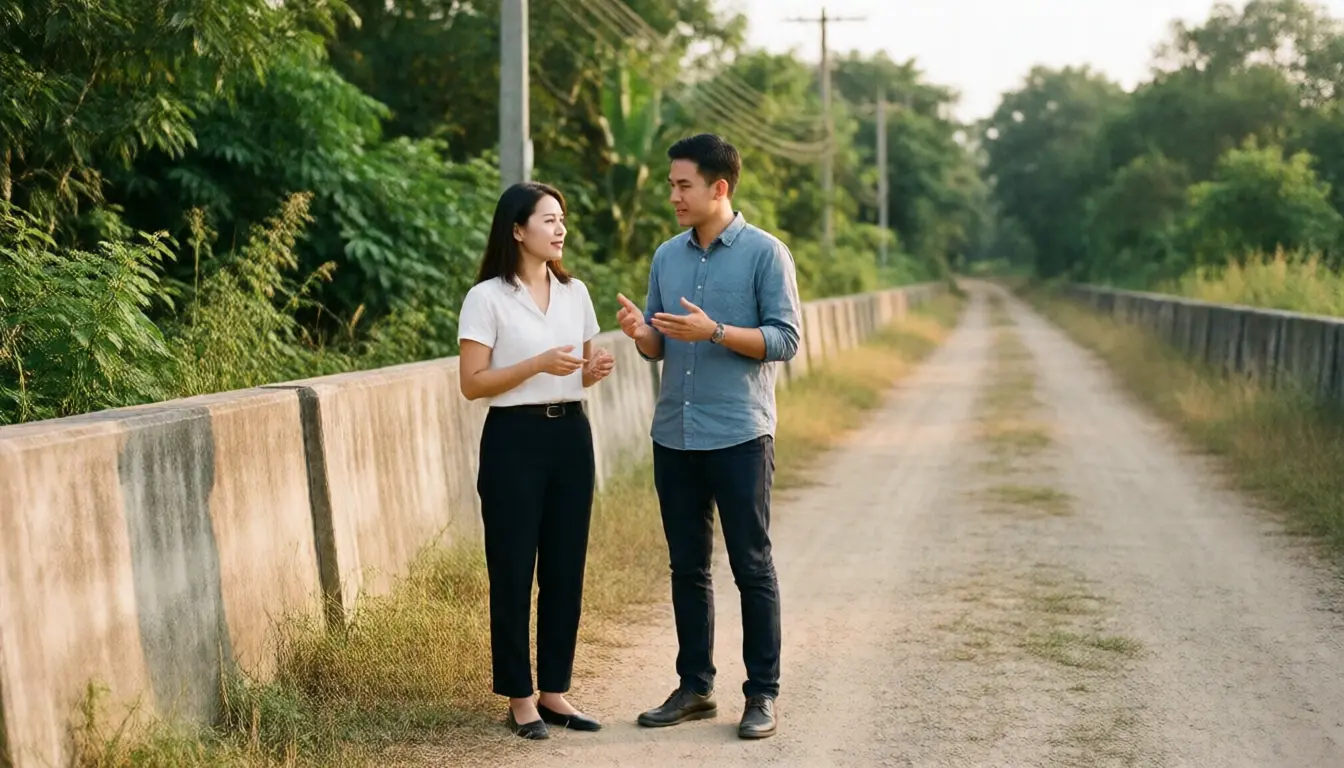 A man and a woman talking at the end of a dirt track beside a boundary wall in the late afternoon