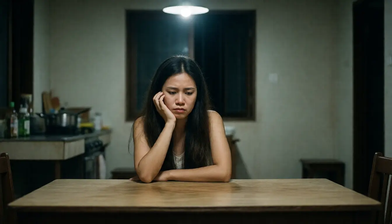 A woman sitting alone at a kitchen table at night, looking worried