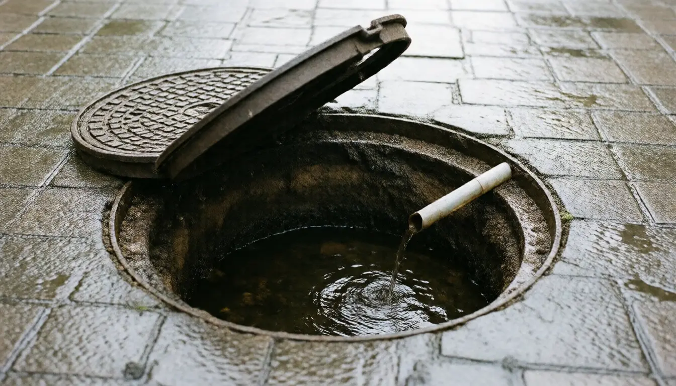 An inspection chamber cover lifted aside showing water and silt in the pit below with a small pipe discharging