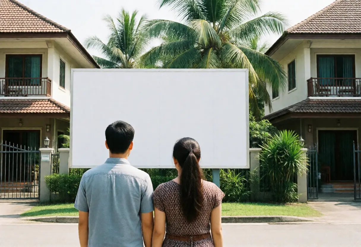 A couple seen from behind looking at a large blank display board outside a show home on a housing development