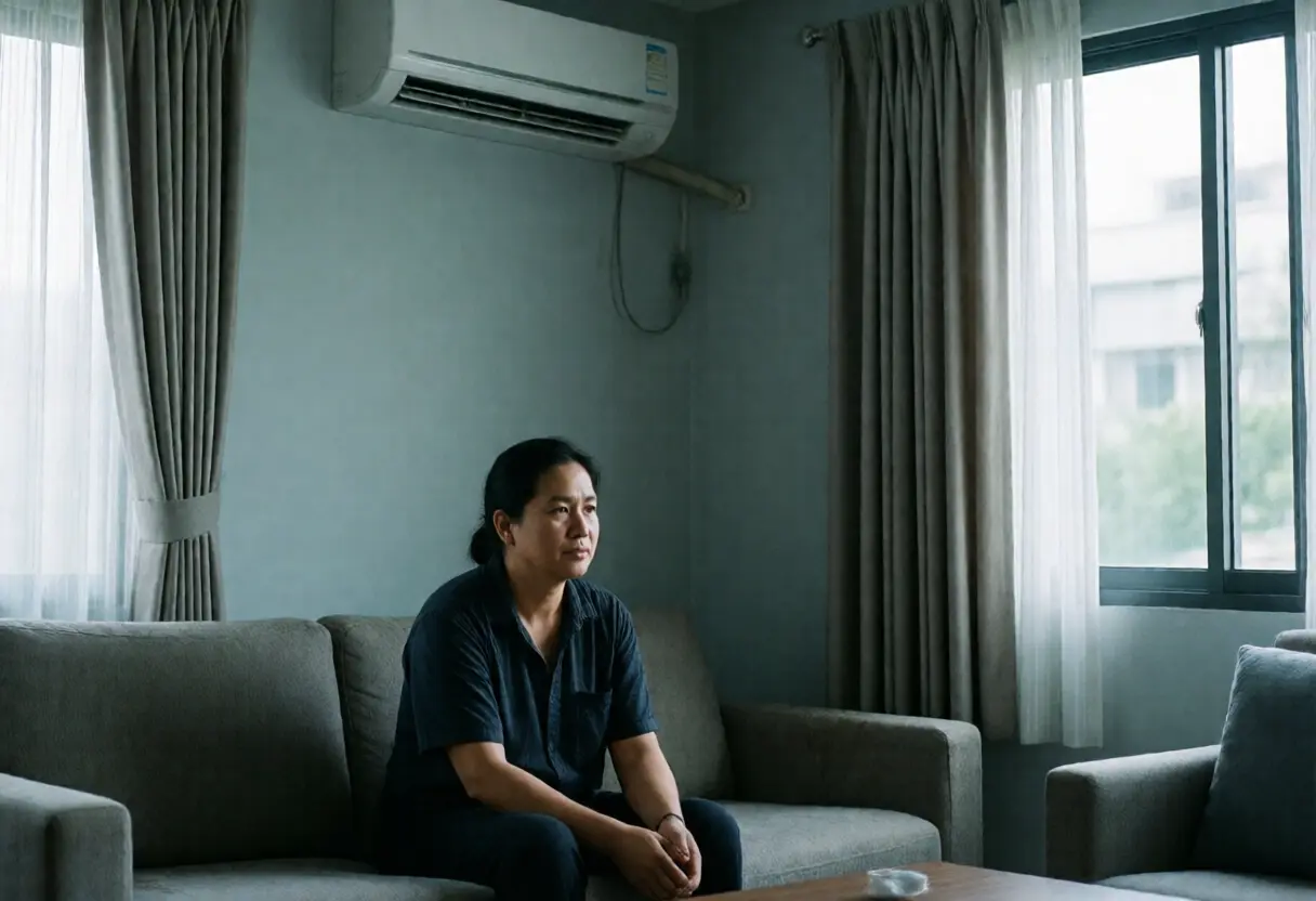 午后，一位女子坐在凉爽的客厅里，身后墙上装着空调