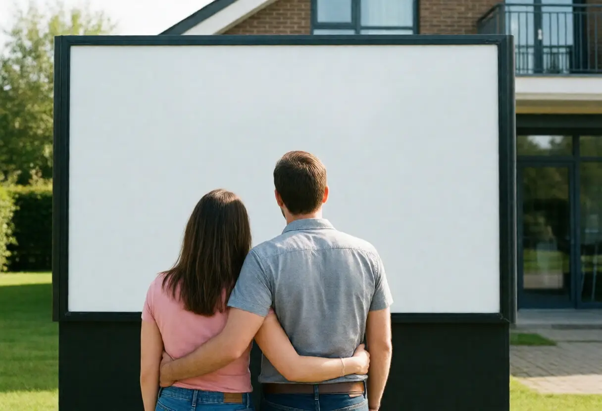 A couple seen from behind looking at a large blank display board outside a show home on a housing development