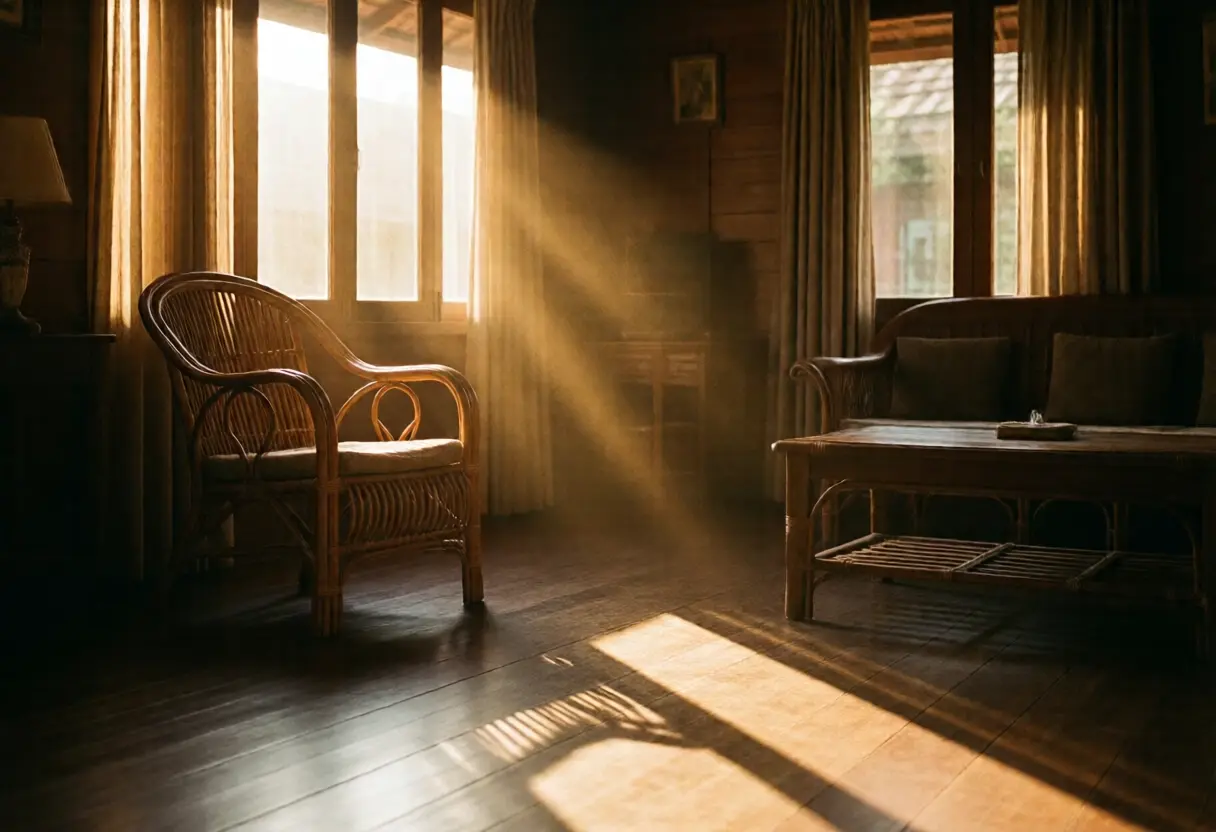 The living room of a Thai house with late afternoon sunlight falling through tall windows onto a wooden floor