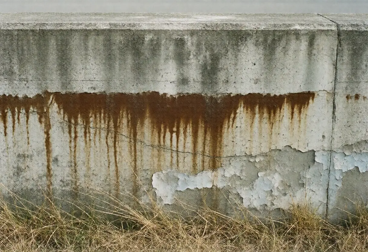 A concrete boundary wall with a clear horizontal water stain line running along its length
