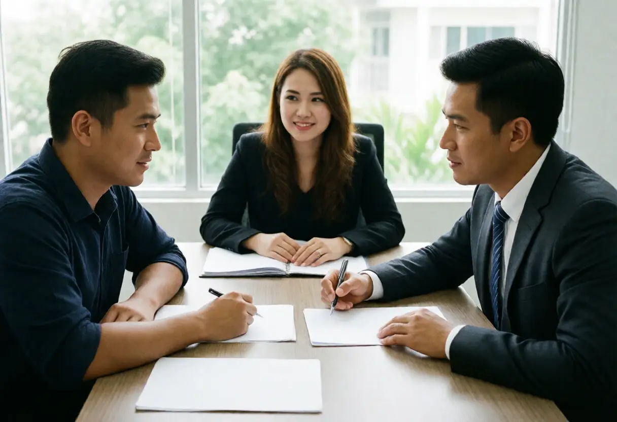 Three people talking across a meeting table with blank papers and pens in front of them