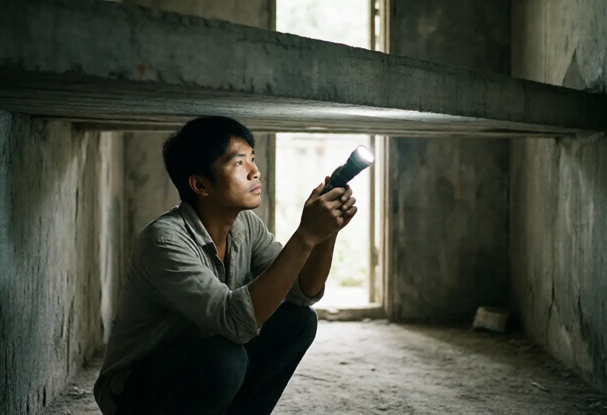 A Thai builder inspecting the underside of a concrete beam with a torch